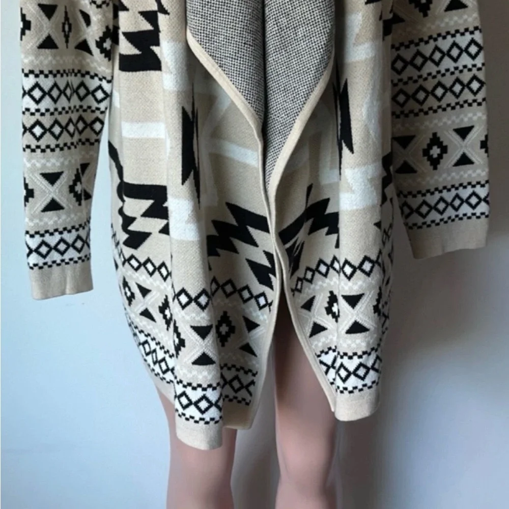 Lucky Brand Open Front Aztec Cardigan Tan Black Cozy Knit Winter NEW large